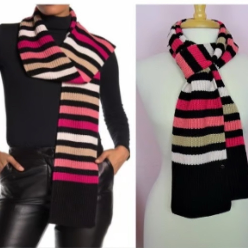Kate Spade white stripe muffler scarf begonia Bloom NWT